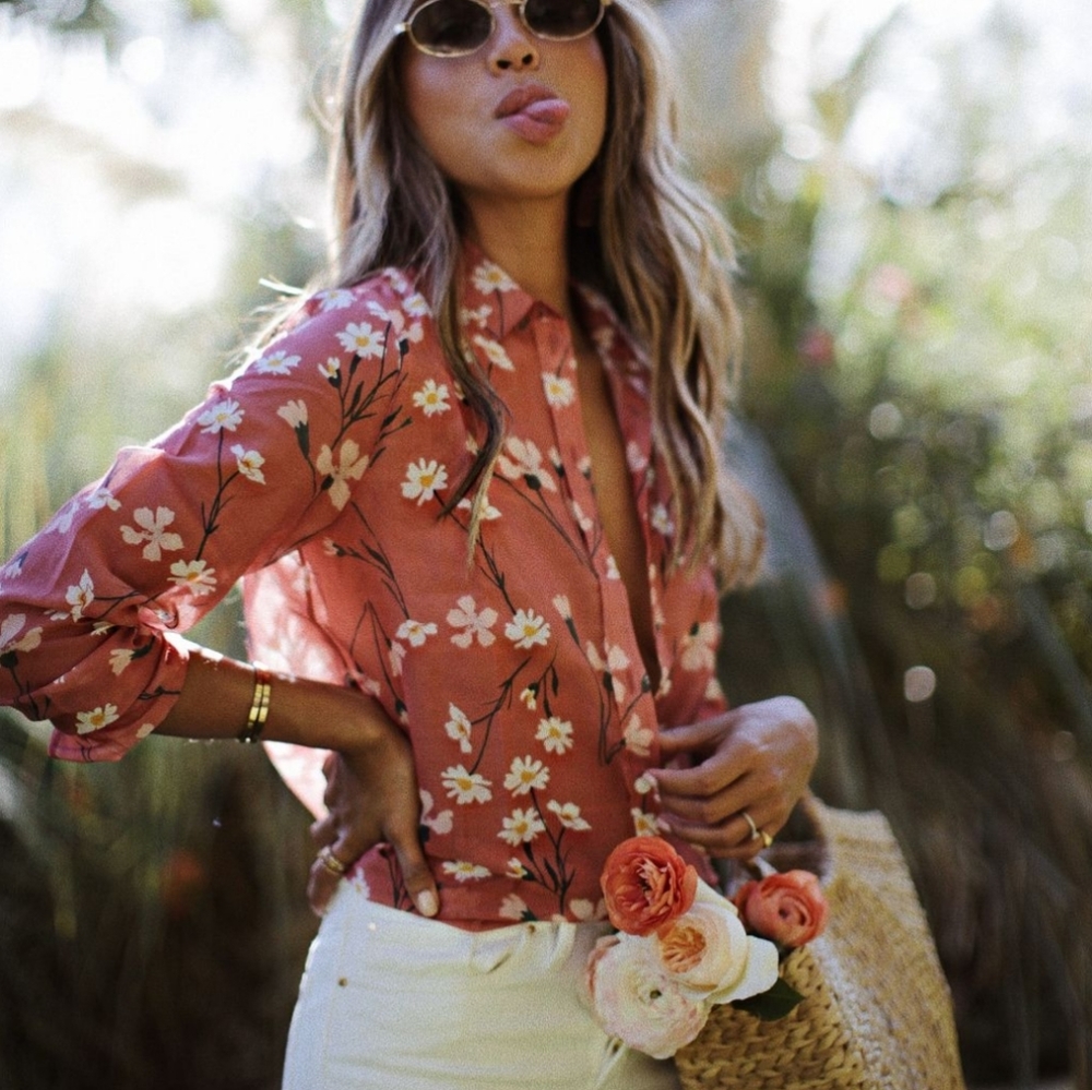 Sezane Pierro Pink Daisy Button Up Blouse Shirt